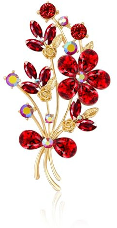 QUKE Broche coquelicot rouge doré avec strass en forme de bouquet de fleurs pour femmes et filles, Cristal