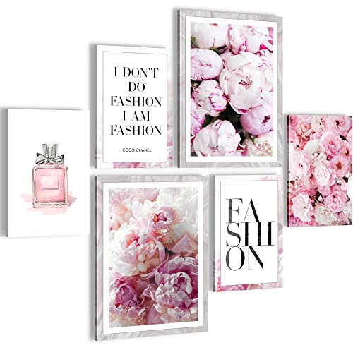 Novart- Tableau Décoration Murale- Fleurs de Mode- Decoration Chambre Salon- Prêt à être Accroché- 6 Cadres 30x40 & 20x30 cm- Rose- N015463a