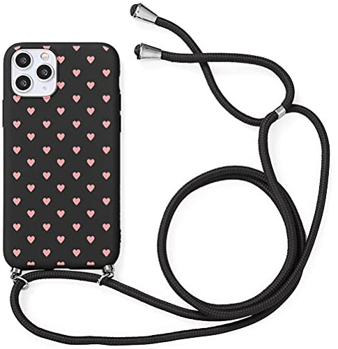 Yoedge Funda con Cuerda para OPPO Realme C11(4G)-6.5, Funda de Silicona Antideslizante Suave TPU para Teléfono Móvil con Colgante Ajustable Collar Correa para el Cuello Cadena Cuerda, Amor Negro