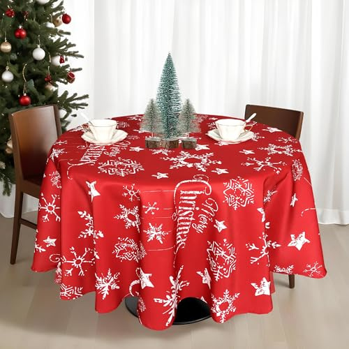 Round Christmas Table Cloth Wipe Clean Tablecloths Rectangular Water Resistant Polyester Table Protector for Dining Room Tables Xmas Party Holiday Winter Home Decor, 70 Inch, Snowflakes - Red