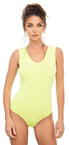 Evoni Damenbody l Damen Overall Bodysuit mit Rundhals l breite Träger l Verschluß-Haken l Unterzieh-Body mit optimaler Passform l sportlicher Damen-Body XL Neongelb