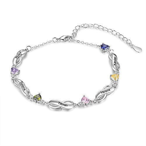 ALBERTBAND Armbänder Personalisiertes Silber Infinity Armband mit 1-7 Namen und Charms Simulierte Geburtssteine Verstellbare Armbänder für Frauen Mädchen (5 names)