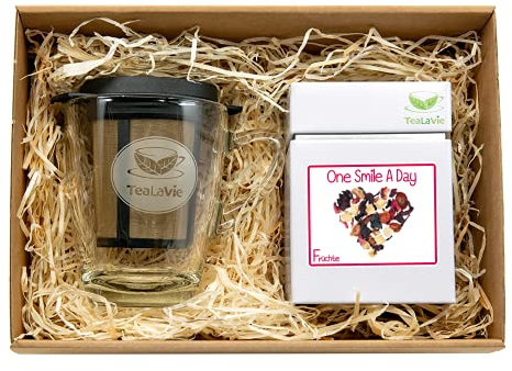 TEALAVIE – Tee Geschenk Set - TeaForOne One Smile A Day | Stilvolles Teeglas mit Dauerfilter und exklusiver Teedose – 100g Früchtetee - Tea-For-One-Set - Passt immer 2024