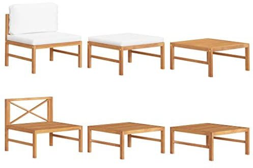 vidaXL Teakholz Gartenmöbel Set 3-TLG. mit Creme Kissen Mittelsofa Fußhocker Gartenhocker Sitzgruppe Sofa Lounge Gartensofa Gartenset Sitzgarnitur