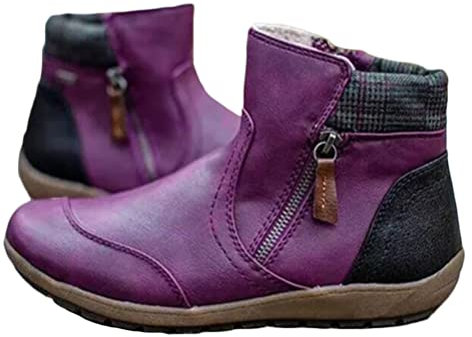 Minetom Botte Femme Hiver PU Cuir Bottines Plates Boots Chaudes Chaussures Zipper Baskets Boots Courtes Vintage Ankle Boots A Violet 41 EU