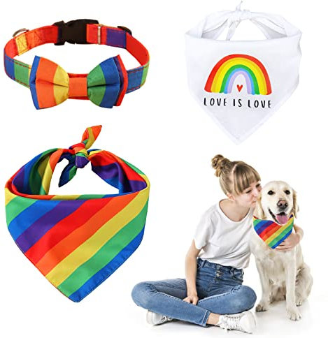 HACRAHO Haustier-Bandana und Halsband-Set, 3 Stück, atmungsaktiv, Regenbogen-Halstuch, weich, bunt, Haustier-Schal, Lätzchen mit Verstellbarer Fliege, Halsband für Hunde, Katzen und Stolzmonat