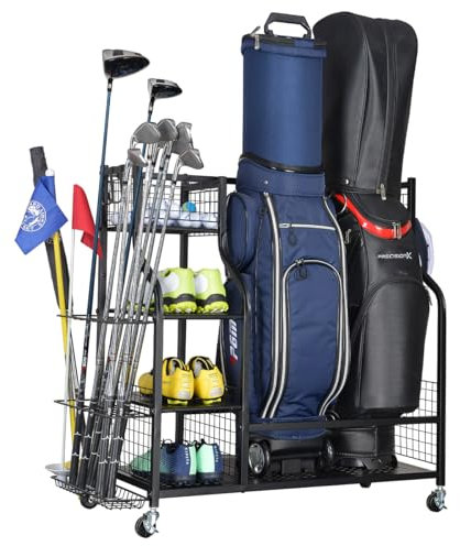 SNAIL Golf Bag Garage Storage Organizer Extra Large Size Golf Bag Rack Stand Holder Fits 2 Golf Bags and Other Golfing Equipment Accessories, Metal Black Golf Club Storage for Garage Shed and Basement