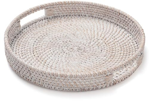 11.8 inch Round Rattan Tray, Woven Serving Tray with Cut - Out Handles, Wicker Serving Basket, Whitewash