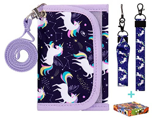 Choco Mocha Brustbeutel für Kinder, Geldbeutel für Mädchen mit Münzfach - Kinder Portemonnaie, Sichtfach, 3 Ersatz-Lanyard & 1 Geschenkbox(Einhorn-Lila)