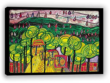 Gerahmt. Friedensreich Hundertwasser berühmte Gemälde Leinwanddruck (fällt der Regen), Reproduktion, Kunstdruck auf Leinwand, für Wohnkultur, Holzrahmen, 30 x 45 cm, gerahmt