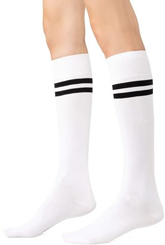 STEVEN Kniestrümpfe Damen I Extra Fein Gekämmter Baumwolle Kniehohe Socken I Lange Universelle Socken I Größe EU38, EU39, EU40 I Weiß mit Schwarz Streifen