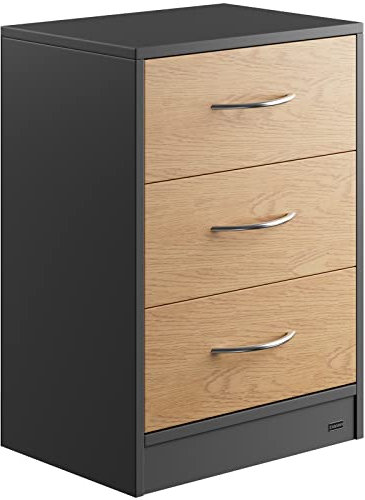 CASARIA® Eloise 3-Drawer Bedside Table | Chest Of Drawers | 3 Drawers | Cable Routing Hole | Wall Mounting Option | Bedroom Nightstand | 54x39x28cm | Anthracite/Oak Effect