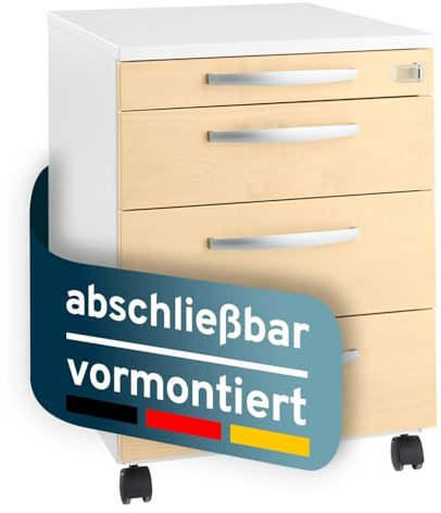 Rollcontainer mit Schubladen abschließbar, Büroschrank mit Rollen, Schreibtisch Schrank, Schubladenschrank 60 cm hoch, Rollcontainer weiß ahorn, Schubladenelement, Schreibtisch Container metall