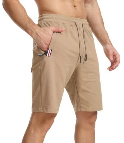 Tansozer Mens Shorts with Pockets Summer Sport Running Shorts Elasticated Waist Gym Jogger Jogging Shorts Casual Cotton Lightweight Stretch Shorts Khaki L