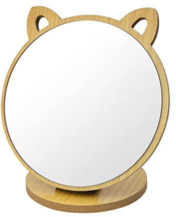 DEANKEJI Miroir de Maquillage, Petit Miroir Forme Oreille de Chat Créative, Réglable Angle Miroir Pliable, Miroirs de Table avec Base en Bois, Style Mignon pour Chambre Salon