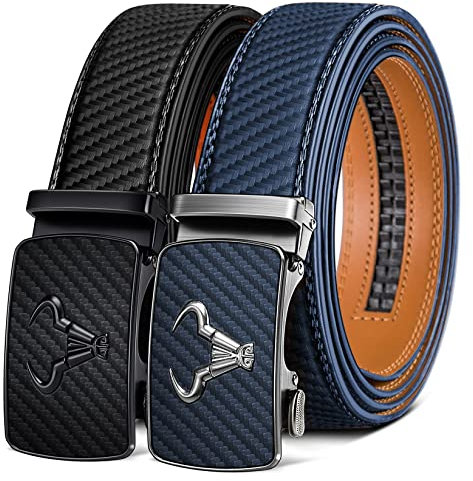 BULLIANT Gürtel Herren 2er, Gürtel Ratsche Automatikschließe Ledergürtel für Herren Verstellbar 35mm Breit mit Geschenkbox(Schwarz/Purpurblau-130cm/38-44 taille verstellbar)