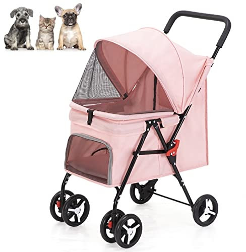 PJDDP Passeggino Pieghevole per Cani, Passeggino da Jogging Leggero a Quattro Ruote per Cani e Gatti di Taglia Piccola e Media con Finestra in Rete,Rosa