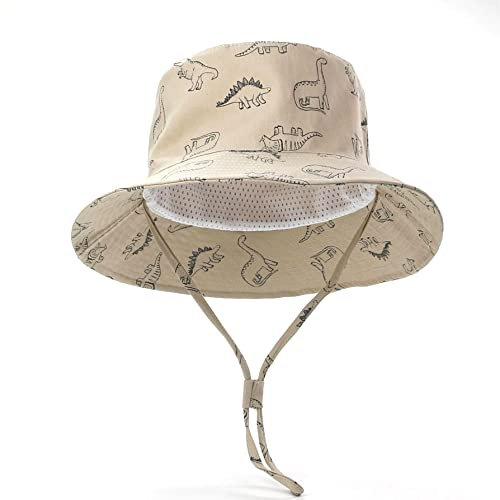 Magwave Baumwolle Sonnenhut für Kinder, Breite Krempe Dinosaurier Fischerhut mit Verstellbarem Kinnriemen, UV-Schutz Sommerhut für 0-8 Jahre Baby und Kinder (54, 4-8 Jahre, Khaki)