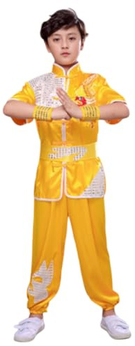 Boys Girls Kung Fu Master Tai Chi Dragon Chinese Uniform Top Shirt Pants Set Outfit (Yellow, 12-14 Years)