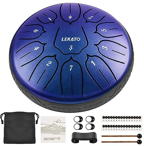 LEKATO Steel Tongue Drum 6 Zoll, Zungentrommel D-Dur, mit 11 Töne, Perlglanz, Legierter Stahl, mit Stoffbeutel, Steel Pan Schlaginstrument Anfänger, Handpan Drum für Meditation Yoga Klangheilung, Blau