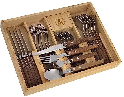 LAGUIOLE - Ménagère 24 pièces, Acier inoxydable, Marron en Bois de Noyer, Couteaux, Fourchettes, Cuillères Idéales pour une utilisation quotidienne