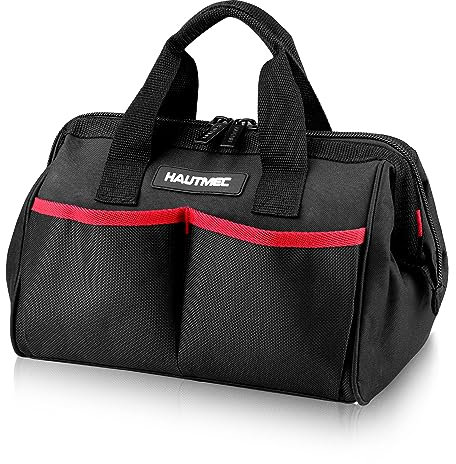 HAUTMEC 12 Inch Small Tool Bag, 1680D Wide Mouth Tool Bog Organizer, Portable Utility Bag with Wear-Resistant Non-Slip Base and Double Zipper Design, HT0286