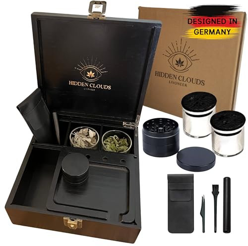 HIDDEN CLOUDS Premium Stash Box I Grinder Box Geschenkset mit Joint Hülle, 2 Aufbewahrungsgläser Luftdicht, Rolling Tray, Extra viel Stauraum und Individuell Anpassbar, Kräuteranbau, Männergeschenk
