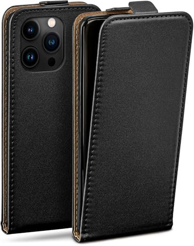 moex Flip Case für iPhone 15 Pro Hülle klappbar mit 360 Grad Schutz, Handyhülle mit Displayschutz, PU Leder Handytasche Lederhülle, Flip Case Cover Klapphülle, Schwarz