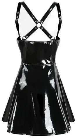 ARESU Frauen PVC Latex Kleid Club Party Sexy Schwarz Wet Look Kunstleder Reißverschluss Unterbrust Sling Kleid-Schwarz-L