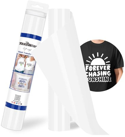 TECKWRAP Heat Transfer Vinyl - 12/'' x 10ft Iron on Vinyl for DIY Clothing,Shirts,Logos,Hats, Fabric HTV Vinyl Heat Transfer Paper Compatible with Heat Press Craft Cutters,White,(TM-RZY-PU-T001)