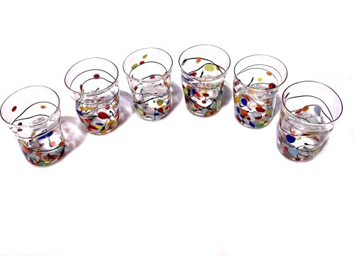 YourMurano - Set aus sechs Trinkgläsern aus Muranoglas, handgefertigte mundgeblasene Glaswaren für Wasser und Wein, hergestellt in Italien, Trinkglas, Wohndeko-Idee, Kristall und mehrfarbige Punkte