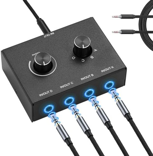 Zeroffi 4 Way 3.5mm Stereo Audio Switch, Passive Speaker Headphone Selector, Bi-Directional Studio Switch, One-Touch Mute Function, Compatible with 3-segment Earphones