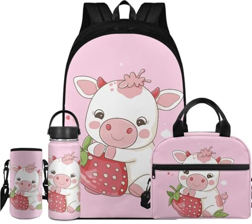 Flashideas Kinderrucksack-Set mit niedlicher Kuh, 4-teilig, mit Lunchbox, isolierter Wasserflasche und Wasserflaschenhülle mit gepolstertem Gurt, 530 ml, Grundschule, Kinderrucksack