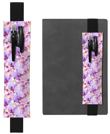 Schwarzer verstellbarer Stifthalter, Lesezeichen, Leder, 21,1–4,6 cm, geeignet für die meisten Notizbücher, Tagebücher, Handbücher, Bücher, Orchideen-Druck