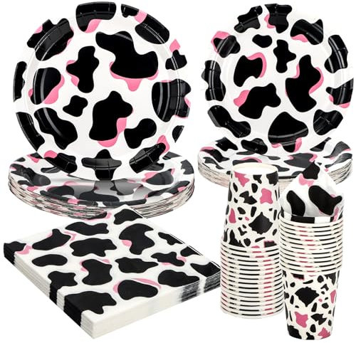 PARTY GO 96 piezas vaca rosa vajilla fiesta vaca platos servilletas tazas para vaca fiesta decoraciones cumpleaños fiesta suministros vaca vajilla decoración platos juego servir 24 invitados
