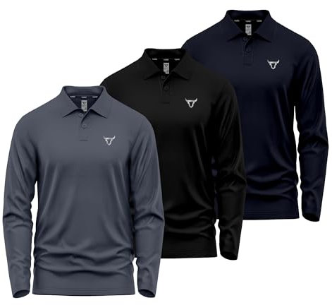 Pack of 3 Mens Polo T Shirt Regular Fit Olympic Casual Uniform Party Active Wear Multi-Colours Long Full Sleeves Button Up Adults Gift Polo Top