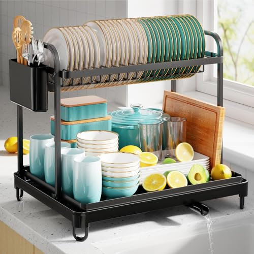 Kitsure Dish Drying Rack- Space-Saving Dish Rack, Dish Racks for Kitchen Counter, Stainless Steel Kitchen Drying Rack with a Cutlery Holder, 2-Tiers, X-Large, Black