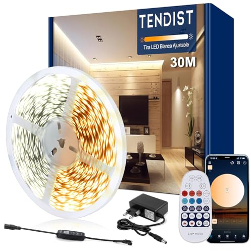 TENDIST Led Strip 30M Weiß Dimmbar, Warmweiß 3000k Kaltweiß 6500k | 24V Led Streifen Selbstklebend mit Fernbedienung, Smart App and Controller Function