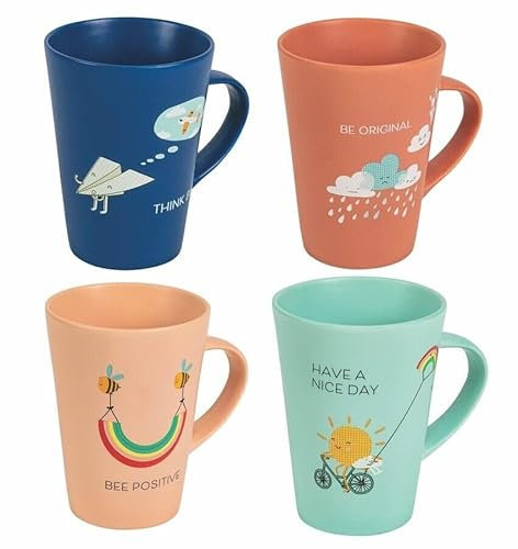 Kaffeetassen/Kaffeebecher Porzellan, 300 ml, 4er Set, Bunte Designs mit Bienen, Regenbogen und Sprüchen, Villa d'Este Home Tivoli