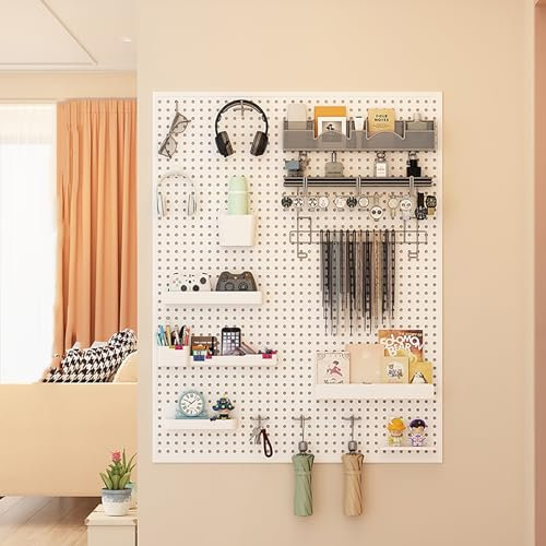XRRJFYH Lochwand mit 10 Stück Haken, Pegboard Schreibtisch Werkzeugwand Metall Werkzeug Wandhalterung Lochplatte Werkstatt(White,60x40cm/24x16in)