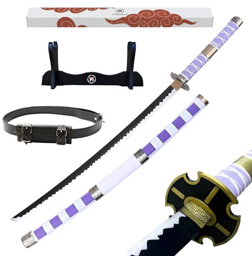 Hashiman Katana One Piece - Vera Manga Sciabola + Porta Spada di Legno + Cintura - Catana Giapponese Decorazione Cosplay Giocattolo per Bambini Adulti Gioco Costumi (Roronoa Zoro Nidai Kitetsu)