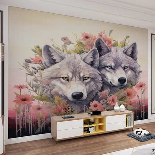 YEMYOR Papier peint 3D fleur rose gris blanc loup deux animaux sauvages, belles fleurs roses en soie de mer, autocollants de peinture murale, pour salon et chambre à coucher, 280 x 200 cm
