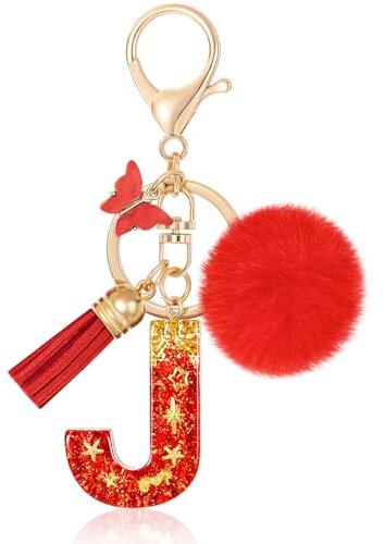 MWOOT Initiale Letter Keychains Porte Clé Lettre J,Alphabet Initial Keyring avec Papillon Pompon Pendentif,Rouge Feuille D'or Key Ring pour Femmes Portefeuilles Sac à Main Bagages Charme(J)