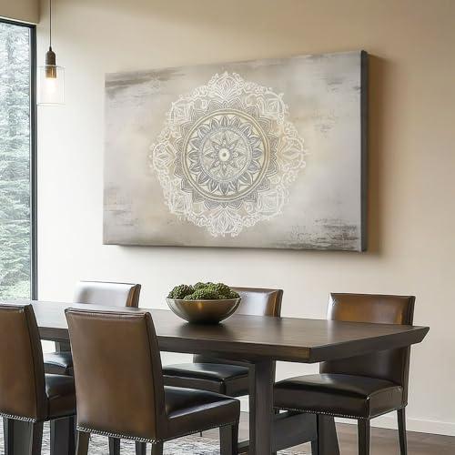 Panorama Leinwand Bild 120L x 80B cm – Bild auf Leinwand zum Thema Klassisches Dekoratives Mandala, Rahmenloser Kunstdruck in Beige Weiß als Wandbild für Wohnzimmer & Wohnung