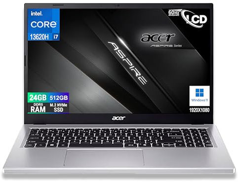 acer Notebook Aspire Silver Intel Core i7-13620H 13Th FullHD 15,6, RAM 16 Go DDR5 SSD 1000 Go, Wi-Fi6, Windows 11 Home