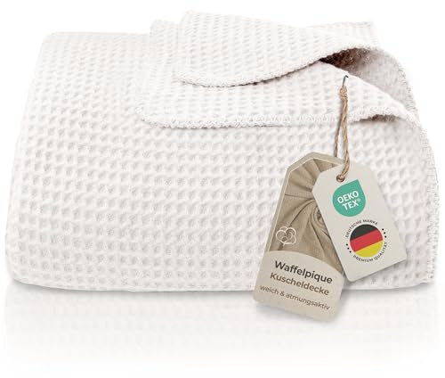 LAYNENBURG Premium Waffelpique Baumwolldecke 220x240 cm - Oeko-TEX 100 - Baumwollmix Kuscheldecke - Decke als Wohndecke, Sofa-Decke & Couchdecke - Wolldecke kuschelig-warm aus Baumwolle (Creme)