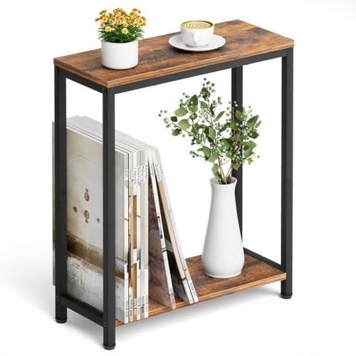 MISSLO Small Side Table, 2-Tier End Table for Living Room, Narrow Bedside Table for Bedroom, Sofa, Couch, Rustic Brown and Classic Black