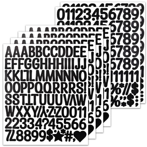 BINLINHONGO 596 Small 1 Inch Self-Adhesive Alphabet Number Stickers, Black | 6 Sheets Vinyl Letter Sticker Decals for Scrapbook, Sign, Envelope, Water Bottles