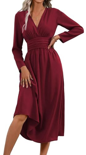 LIAMERHE Damen Langarm/Kurzarm V-Ausschnitt Sommer/Winter Elegant Lang Kleider Herbst Freizeitkleider Plissee Hohe Taille Lässiges Kleid Boho Stil A-Linie Strandkleid Frühling