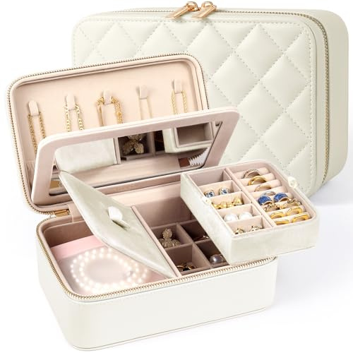 REVEMCN Double-Layer Travel Jewellery Box with Mirror, Jewellery Organiser Case for Women and Girls, Spacious Jewellery Storage with 6 Anti-Tarnish Pouches, Gift for Her (Beige)
